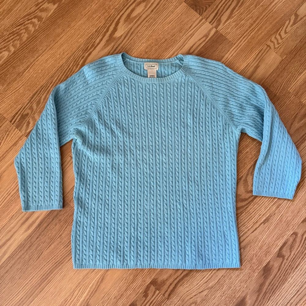 LL Bean Mini Cable Knit Blue Lightweight 3/4‎ Length Sleeve Cotton Sweater Large